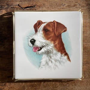 Op de afbeelding: Vierkante keramische tegel met een gedetailleerde illustratie van een hondenkop. De hond heeft bruin en wit haar, een zwarte neus en een roze tong. De tegel is gevat in een goudkleurig metalen frame.