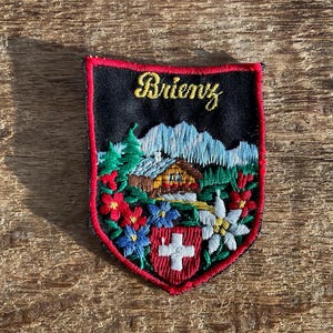 May include: Embroidered patch with the word "Brienz" in gold script. The patch features a mountain scene with a chalet, flowers, and a Swiss cross. The patch has a black background with a red border.