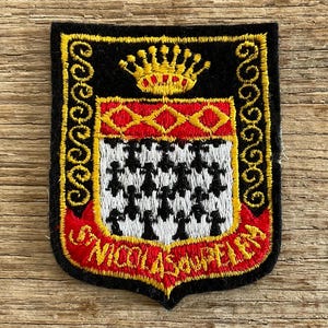 Può includere: Una toppa ricamata rettangolare con sfondo nero che presenta una corona gialla sopra uno scudo. Lo scudo mostra una fascia rossa con diamanti gialli su un campo bianco con macchie di ermellino nere e il testo ST NICOLAS DU PELEM in giallo.