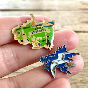 KARTE DER BRETAGNE, MÖWE, Vintage, min | 80er 90er Jahre | Mini-Schmuck Brosche Accessoire Frankreich Roscoff Weltkrieg Brest Vannes Saint-Malo