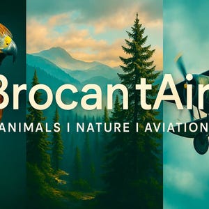 Pu&ograve; includere: Immagine creata digitalmente con tre pannelli verticali. Il pannello di sinistra presenta un falco. Il pannello centrale mostra una foresta e montagne. Il pannello di destra mostra un aereo d'epoca. Il testo "BrocantAir" e le categorie "ANIMALI I NATURA I AVIAZIONE" sono sovrapposti.