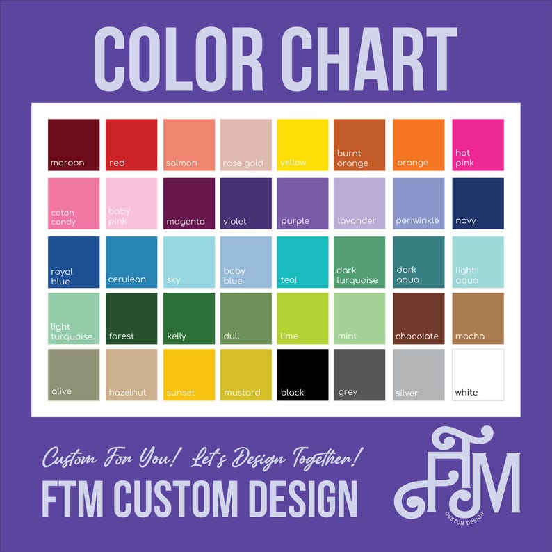 Puede incluir: Una carta de colores sobre un fondo p&uacute;rpura muestra una cuadr&iacute;cula de muestras de color, cada una etiquetada con un nombre de color. Los colores van del granate al blanco, incluyendo tonos de rosa, azul, verde y amarillo. El texto "COLOR CHART" y "FTM CUSTOM DESIGN" tambi&eacute;n son visibles.