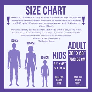 May include: Size chart for towels with two different sizes for adults and kids. The chart shows the dimensions of the towels in inches and centimeters. The chart also includes the ideal use for each size.