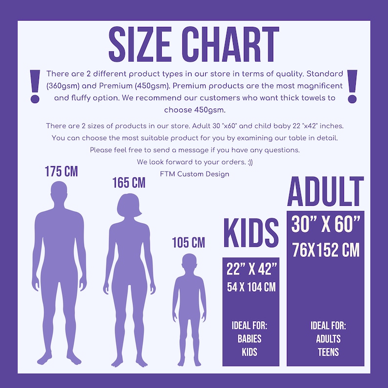 May include: Size chart for towels with two different sizes for adults and kids. The chart shows the dimensions of the towels in inches and centimeters. The chart also includes the ideal use for each size.