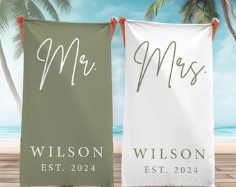 Honeymoon Couple Mr. Mrs. Beach Towel, Bachelorette Bride Beach Towel,Matching Custom Bath Towels, Personalized Groom Wedding Newlywed Gift