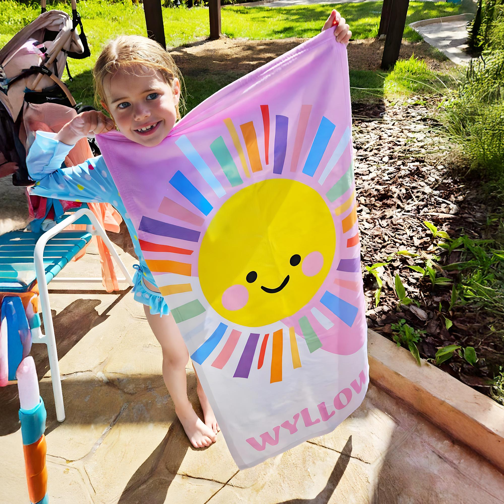 Personalized Rainbow Sun Beach Towel: Custom Kids Pool Towel