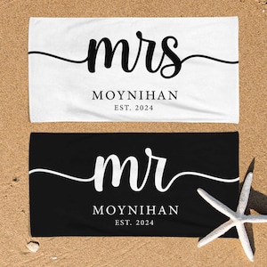 Couple Mr. Mrs. Beach Towel, Matching Custom Bath Towels, Groom Bride Towel, Personalized Honeymoon Gift, Newlywed Anniversary Wedding Gift