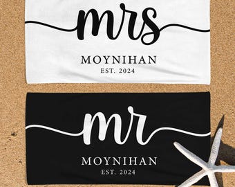 Couple Mr. Mrs. Beach Towel, Matching Custom Bath Towels, Groom Bride Towel, Personalized Honeymoon Gift, Newlywed Anniversary Wedding Gift