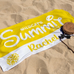May include: Yellow and white beach towel with the text "Wildcats Summit 2026 Rachel". A round woven bag and sunglasses rest on the towel, which is on a sandy surface.