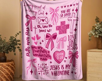Personalized Coquette Christian Valentine Blanket, Jesus Is My Valentine Bow Design, Retro Faith Scripture Throw, Custom Name Gift