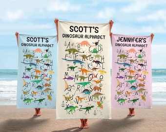 Personalized Dinosaur Alphabet Beach Towel: Kids Pool Towel, Dino Party Gift