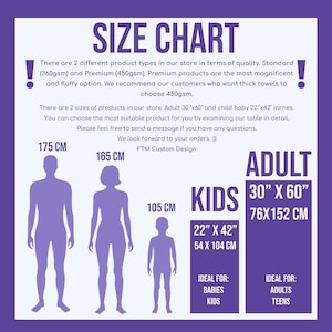 Puede incluir: Gr&aacute;fico de tabla de tallas con texto. Incluye tama&ntilde;os de toallas para adultos y ni&ntilde;os: 76x152 cm y 54 x 104 cm. Tambi&eacute;n muestra comparaciones de altura: 175 cm, 165 cm y 105 cm. La tabla recomienda toallas premium.