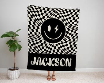 Custom Checkered Smiley Face Blanket: Personalized Name Gift