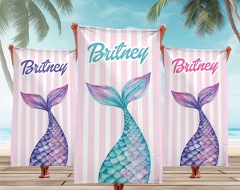 Mermaid Tail Personalized Beach Towel, Mermaid Party Favors, Custom Beach Towel, Mermaid Birthday Gift For Kids, Pool Bachelorette Trip