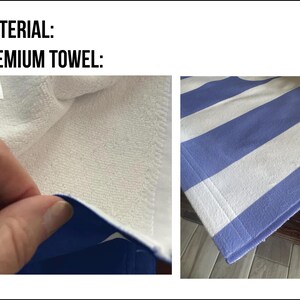 May include: Close-up of a white and blue striped premium towel. The towel has a white terry cloth texture and a blue border. The text "MATERIAL: PREMIUM TOWEL:" is visible in the image.