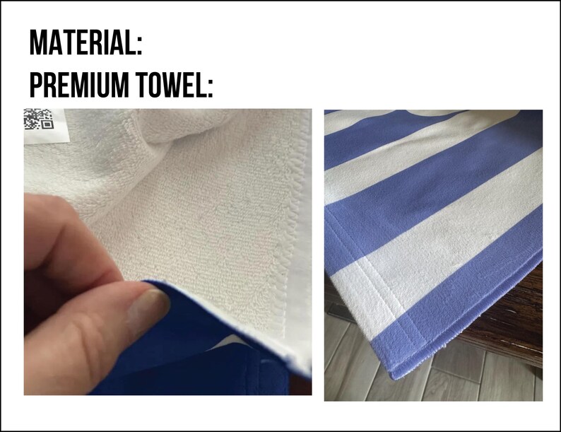 May include: Close-up of a white and blue striped premium towel. The towel has a white terry cloth texture and a blue border. The text "MATERIAL: PREMIUM TOWEL:" is visible in the image.