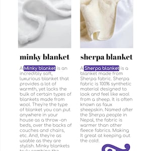 May include: Image comparing minky and sherpa blankets. The minky blanket is white and soft, while the sherpa blanket is off-white and textured. Text at the top reads "FABRIC METARIAL". The logo for "F&M Custom Design" is at the bottom.