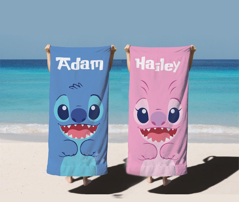 May include: Two blue and pink beach towels with Stitch characters and the names Adam and Hailey printed on them.