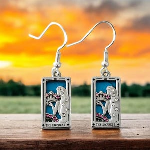 Small tarot card dangle drop earrings the lovers, the empress stainless steel 925 sterling silver, pearl turquoise celestial