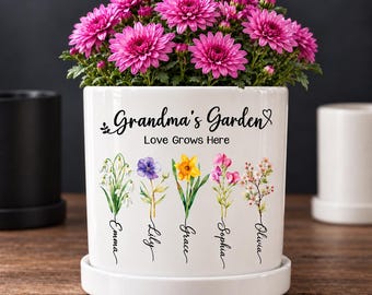 Personalized Grandma’s Garden Flower Pot with Grandkids’ Names and Birth Flowers