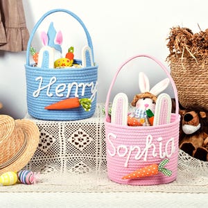Personalisierter Osterkorb mit Namen - Hase Karotte Seil Korb für Jungen Mädchen, Ostereiersuche & Babyparty Geschenk
