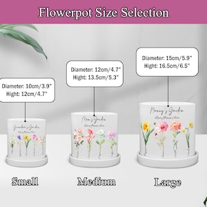 May include: Three white ceramic flowerpots of varying sizes, each with a matching saucer. The pots are labeled "Small", "Medium", and "Large", with dimensions in inches and centimeters. Each pot features floral designs and the text "Grandma's Garden", "Mom's Garden", and "Nanny's Garden".