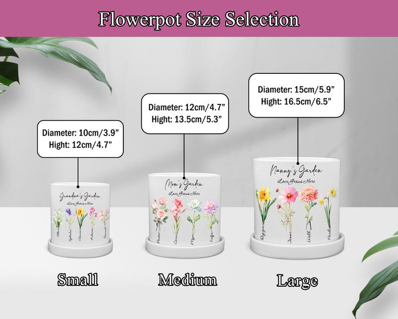 May include: Three white ceramic flowerpots of varying sizes, each with a matching saucer. The pots are labeled "Small", "Medium", and "Large", with dimensions in inches and centimeters. Each pot features floral designs and the text "Grandma's Garden", "Mom's Garden", and "Nanny's Garden".