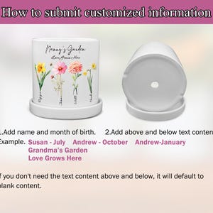 May include: White ceramic planter with a matching saucer. The planter features floral illustrations and the text "Nanny's Garden Love Grows Here." Instructions on how to customize the planter are also included.