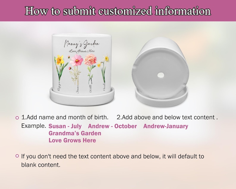 May include: White ceramic planter with a matching saucer. The planter features floral illustrations and the text "Nanny's Garden Love Grows Here." Instructions on how to customize the planter are also included.