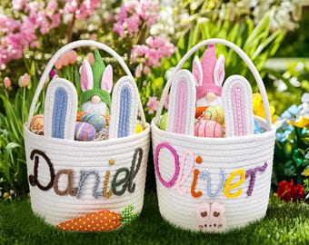 Easter Basket For Kids - Personalized Boy Girls Easter Bunny Baskets, Cotton Rope Basket, Baby’s First Easter, Easter Bunny Bucket