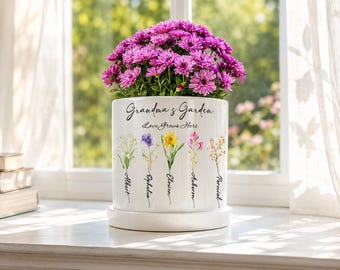 First Mom Now Grandma Personalized Planter with Family Names and Birth Flowers