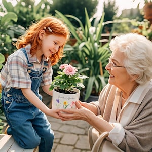 May include: A young girl with red hair and denim overalls presents a potted plant with pink flowers to an older woman. The white pot is decorated with floral illustrations and the text "Grandma's Garden". The scene takes place in a lush garden setting.