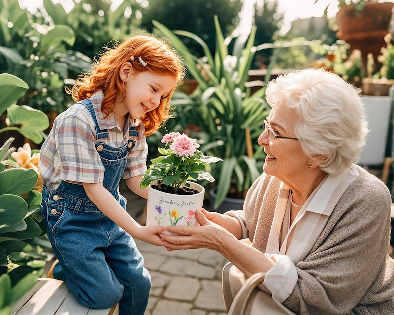 May include: A young girl with red hair and denim overalls presents a potted plant with pink flowers to an older woman. The white pot is decorated with floral illustrations and the text "Grandma's Garden". The scene takes place in a lush garden setting.