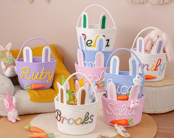 Personalized Easter Basket with Name – Bunny Carrot Rope Basket for Boys Girls, Easter Egg Hunt & Baby Shower Gift