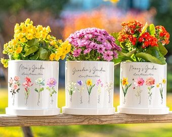 Personalized Birth Flower Pot for Mom & Grandma | Custom Grandma's Garden Gift | Grandkids’ Name Flower Pot