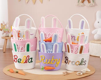 Custom Easter Basket 2026 with Name – Personalized Bunny Carrot Rope Basket, Baby & Kids Easter Gift, Egg Hunt Basket, Easter Decor
