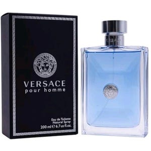 May include: A rectangular black box with white Greek key borders and the Versace Medusa logo, labeled Versace pour homme Eau de Toilette Natural Spray 200 ml 6.7 us fl.oz. Next to it is a clear glass bottle filled with light blue liquid.
