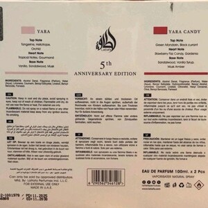 Peut inclure: Une bo&icirc;te blanche contenant deux flacons de parfum, &eacute;tiquet&eacute;s "Yara" et "Yara Candy." La bo&icirc;te comprend des notes de parfum et des listes d'ingr&eacute;dients. Le texte "5th Anniversary Edition" est affich&eacute;.
