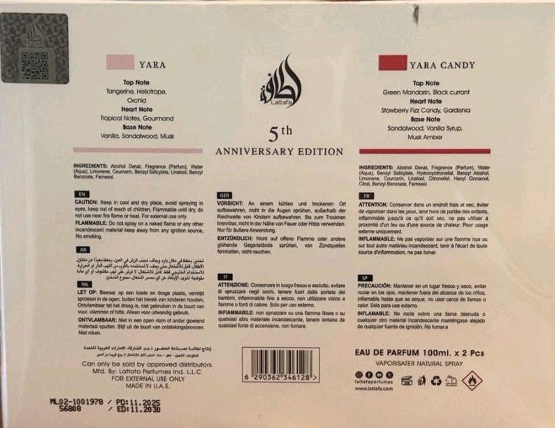 Peut inclure: Une bo&icirc;te blanche contenant deux flacons de parfum, &eacute;tiquet&eacute;s "Yara" et "Yara Candy." La bo&icirc;te comprend des notes de parfum et des listes d'ingr&eacute;dients. Le texte "5th Anniversary Edition" est affich&eacute;.