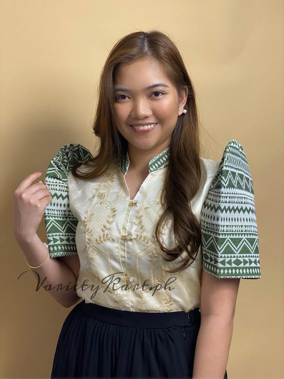 Premium Chinese Collar Modern Ladies Barong Filipiniana Rust Brown Green Ethnic Sleeves Etsy Canada