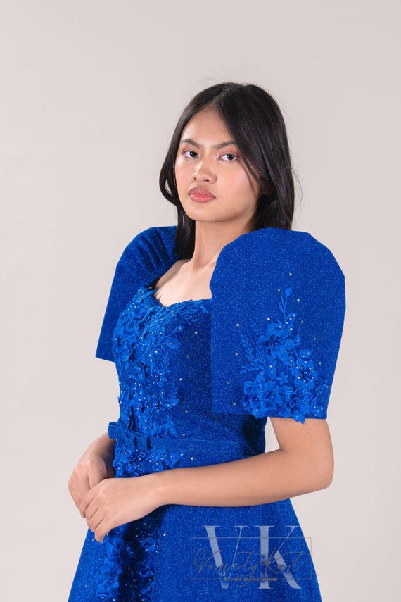 Ball Gown Filipiniana Mestiza Sleeves Royal Blue with lace Design Ball Gown Filipiniana Mestiza Sleeves Royal Blue with lace Design