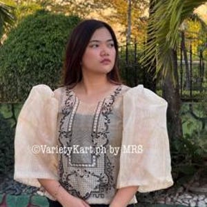 Puede incluir: Una blusa beige con una superposición transparente y mangas abullonadas. La blusa presenta bordados negros con un diseño geométrico y un detalle de cuentas.