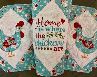 Country Farmhouse Chickens Table Runner, Chicken Table Decor,  Quilted Chicken Table Toppers