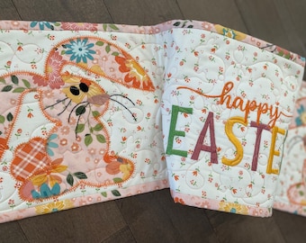 Vintage Style Bunny Table Runner, Easter Bunny Table Quilt, Happy Easter Table Decor