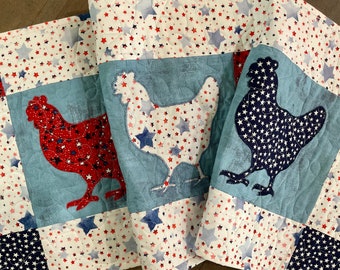 Patriotic Chickens Table Runner, Country Farmhouse Table Runners, Summer Chickens Table Runners, Applique Chickens Table Runner