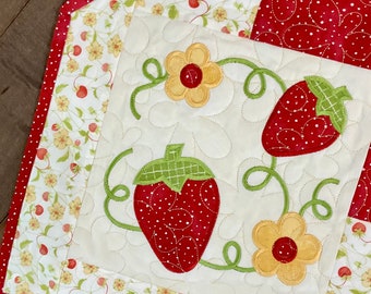 Appliqué Strawberries  and Flowers Table Quilts, Strawberry Table Runners