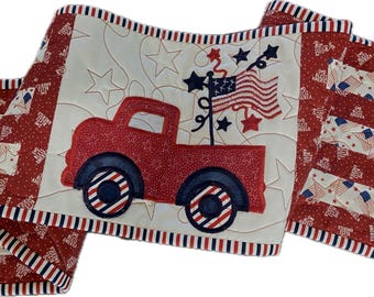 Quilted Patriotic Table Runner, Vintage Truck Americana Decor, Red White Blue Farmhouse Runner