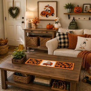 Silly Goose Halloween Table Runner: Pumpkin Car, Whimsical Fall Decor