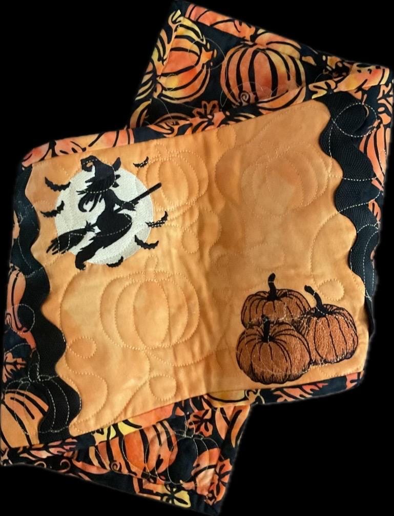 Bad Moon Rising Halloween Table Runner,  Pint Size,  Witch & Pumpkins,  Fun, Whimsical, Spooky Decor