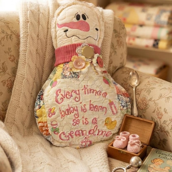 Vintage Quilt Snowman – Repurposed Heirloom Keepsake for Grandma, Nursery Decor